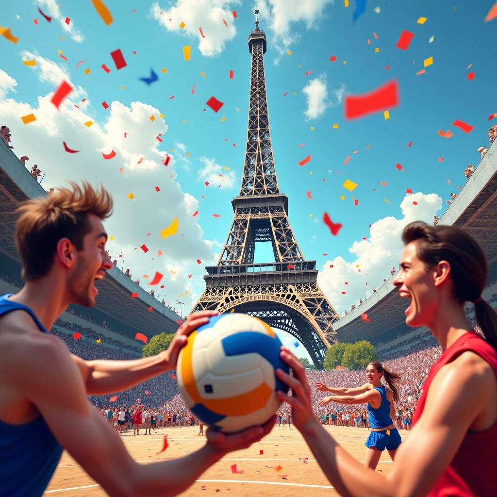 Close-up of Hands, hands of (Handball) Athlete, exaggerate caricature poster, in the olympics, Eiffel tower in the background, the words "Paris 2024", joyful chaos, a modern take on classic mythology, vibrant illustration, (best quality, masterpiece, photorealistic), very aesthetic, perfect composition, intricate details, ultra-detailed, vivid colors