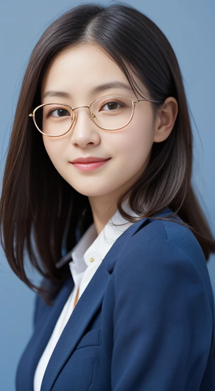 Close-up portrait、ID photo、Look at me、Gray business suit、 Round glasses with a golden frame、Serious atmosphere、Japanese women、alone、Ultra-realistic、Soft Light、High resolution, Very detailed, Highest quality, masterpiece, (((A simple blue background:1.4))), (Look at me),Smiling at the camera、Women's Suits、Portrait facing the front、Golden Ratio,Taking a picture from the chest up、Look forward、A kind smile、Serious and gentle impression, Wearing a suit、office lady、Professional Lighting,