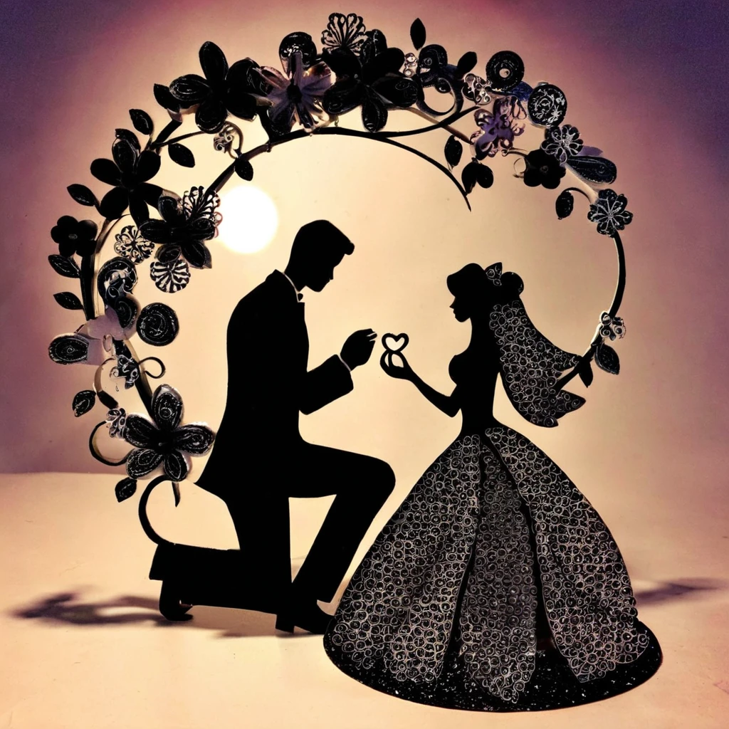 paperart, 1girl, long hair, 1boy, dress, flower, couple, faceless 、The man is kneeling、He is opening a small box with a ring to give to the woman。、Standing woman、Double exposure、wedding、silhouette、wedding、Bride and groom、zentangle weddingドレス、suggest、The ring is shining、zentangle --ar 1:1 --s 200