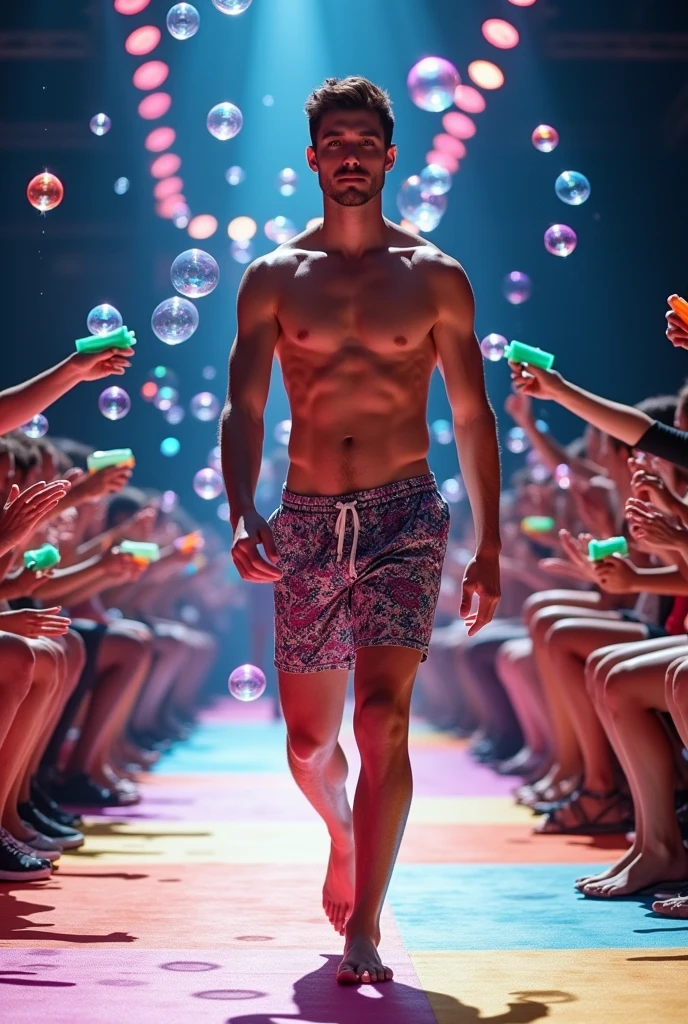 Handsome young man with a thin, white, beautiful, smooth-skinned face, shirtless in a swimsuit on a male runway, the audience applauds and celebrates with bubble guns. Tall white man. 