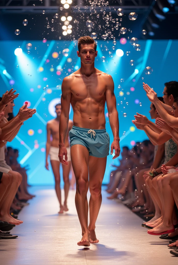 Handsome young man with a thin, white, beautiful, smooth-skinned face, shirtless in a swimsuit on a male runway, the audience applauds and celebrates with bubble guns. Tall white man. 