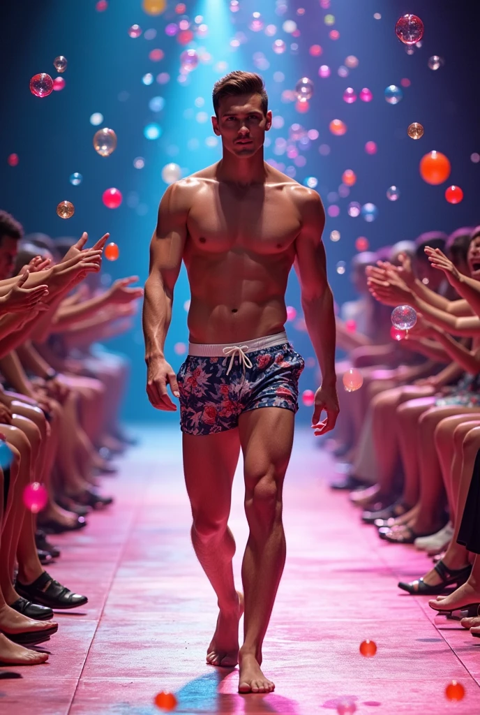 Handsome young man with a thin, white, beautiful, smooth-skinned face, shirtless in a swimsuit on a male runway, the audience applauds and celebrates with bubble guns. Tall white man.
