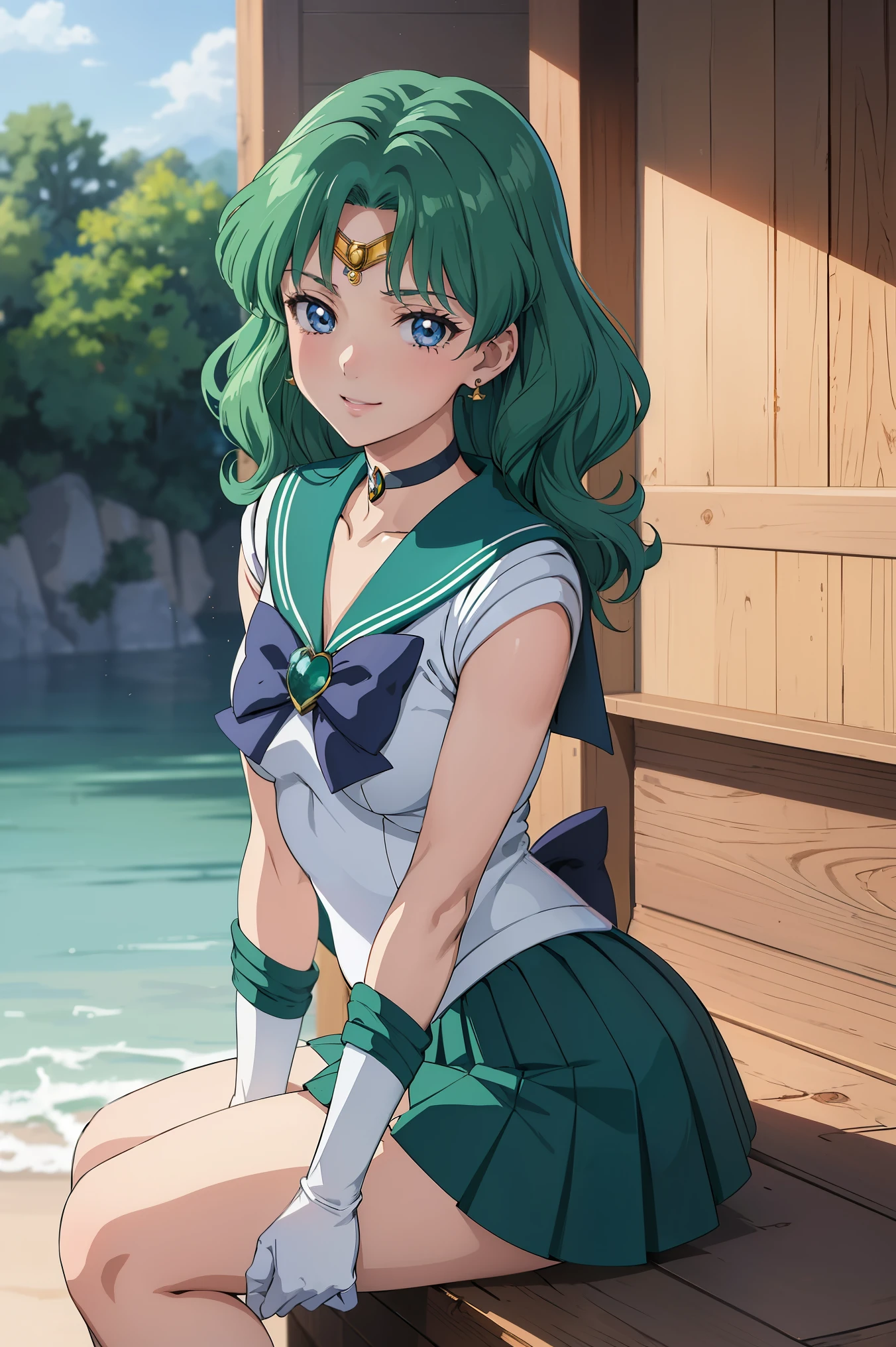 (anime:1.4), best quality, masterpiece,cowboy shot,
1girl, sailor neptune, mature woman, aged up,medium breasts, aqua eyes, dark green hair, medium hair, (sailor senshi uniform:1.2), back bow, white elbow gloves, plead skirt, looking at viewer,blush, smile,sitting