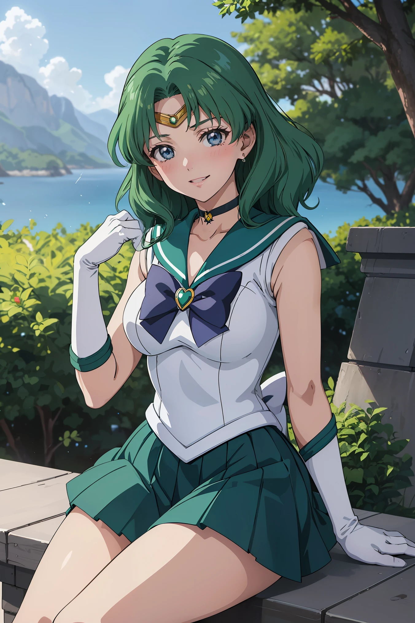 (anime:1.4), best quality, masterpiece,cowboy shot,
1girl, sailor neptune, mature woman, aged up,medium breasts, aqua eyes, dark green hair, medium hair, (sailor senshi uniform:1.2), back bow, white elbow gloves, plead skirt, looking at viewer,blush, smile,sitting