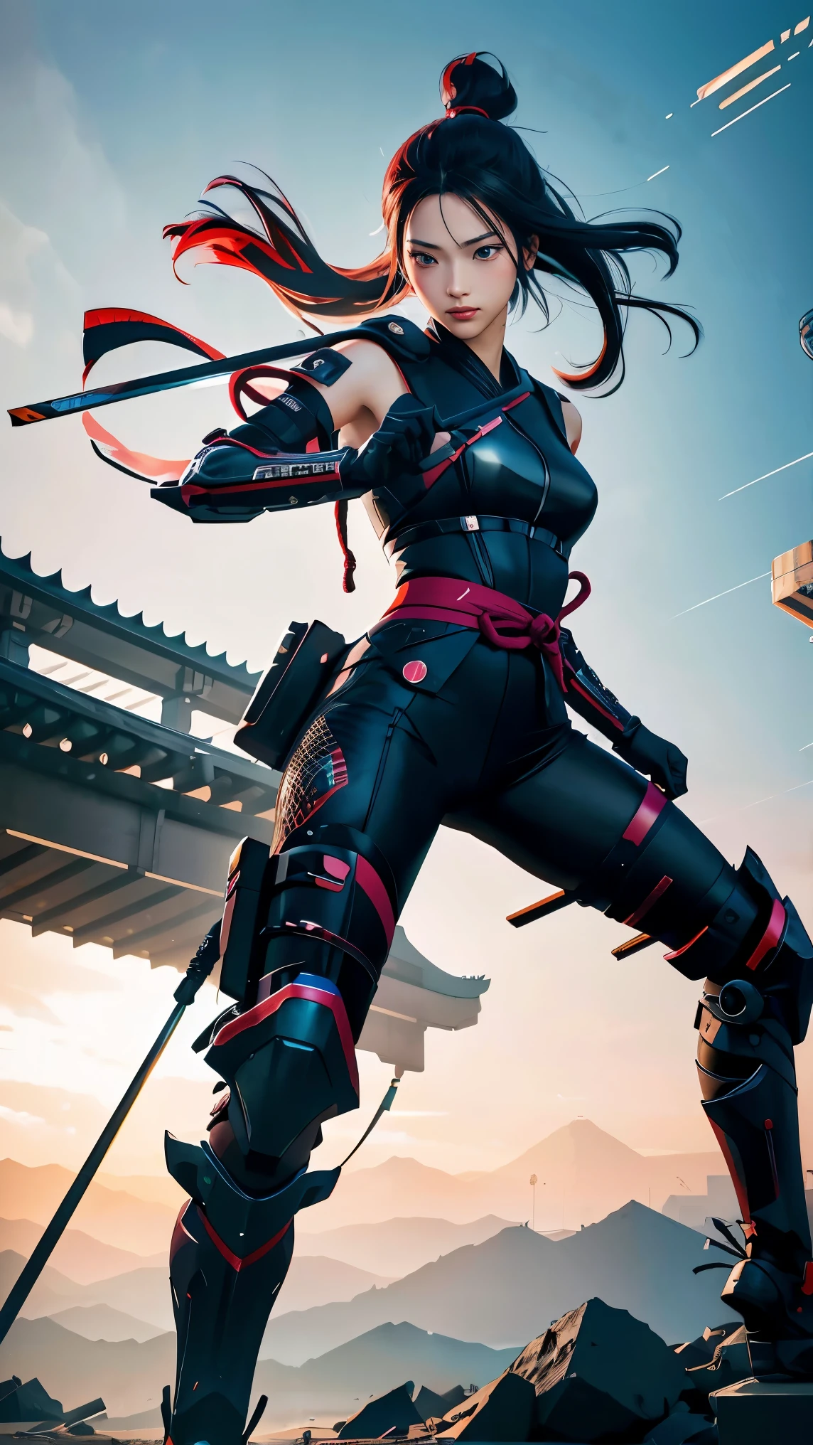 Girl in character concept art that combines Japan Ronin clothing and the beauty of modern technology.. (best quality, 4k, 8ก, height, Masterpiece:1.2), very detailed, (realistic, photorealistic, photo-realistic:1.37), Japanese ronin clothing, Future technology clothing, Detailed facial features, dynamic poses, violent expression, Katana, cyberpunk background, neon light, Mood swings, Riot Games art style, bright colors, Stylish rendering, complicated details, professional artwork, original elements, modern twist.
