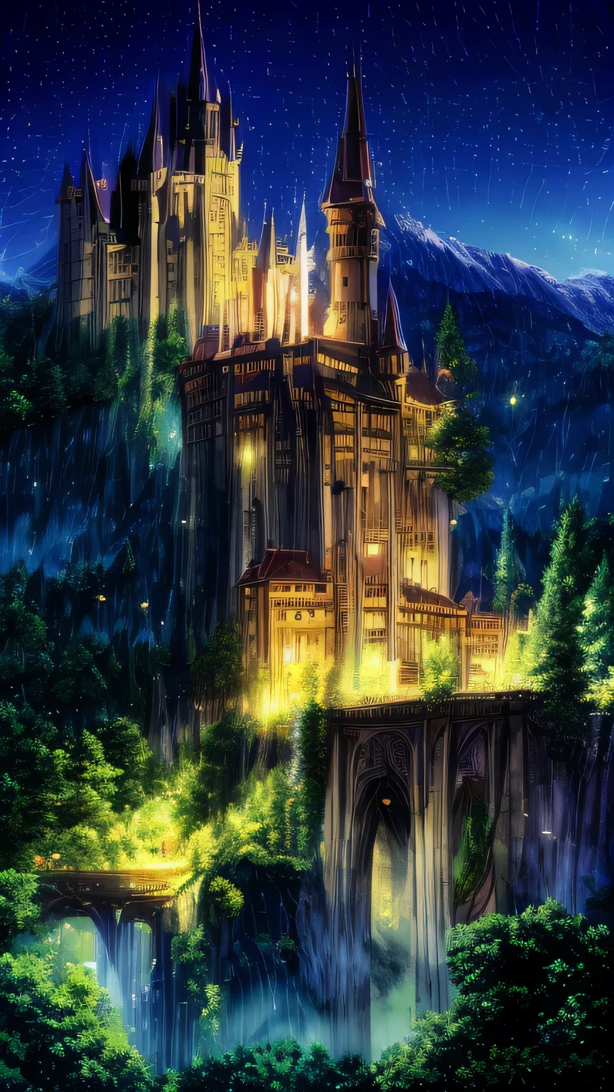 anime inspired castle in the alps with bright blue glass like sky shinning twinkling sparkling effect(bokeh effect) (fireflies)