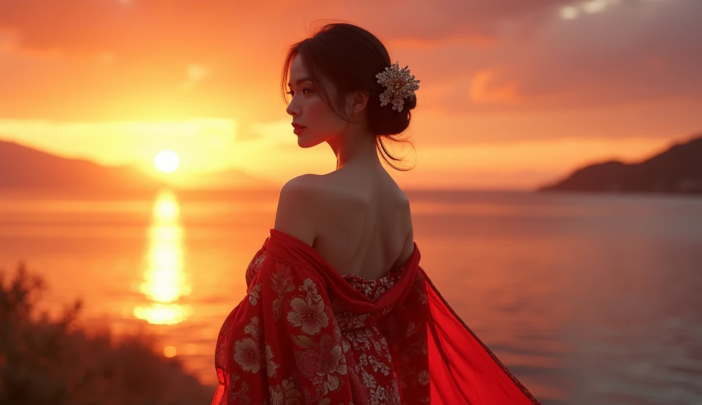 beautiful detailed woman in red kimono with open shoulders and legs, detailed face, beautiful breasts, sunset, highly detailed, 8k, photorealistic, dramatic lighting, elegant, cinematic, detailed hair, detailed fabric of kimono, beautiful scenery, vibrant colors, intricate patterns on kimono, depth of field, realistic skin tones
