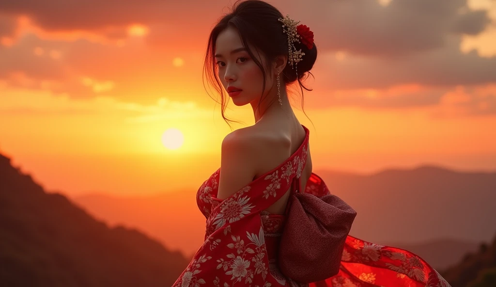 beautiful detailed woman in red kimono with open shoulders and legs, detailed face, beautiful breasts, sunset, highly detailed, 8k, photorealistic, dramatic lighting, elegant, cinematic, detailed hair, detailed fabric of kimono, beautiful scenery, vibrant colors, intricate patterns on kimono, depth of field, realistic skin tones