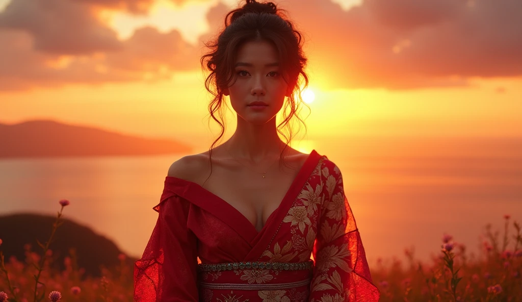 beautiful detailed woman in red kimono with open shoulders and legs, detailed face, beautiful breasts, sunset, highly detailed, 8k, photorealistic, dramatic lighting, elegant, cinematic, detailed hair, detailed fabric of kimono, beautiful scenery, vibrant colors, intricate patterns on kimono, depth of field, realistic skin tones