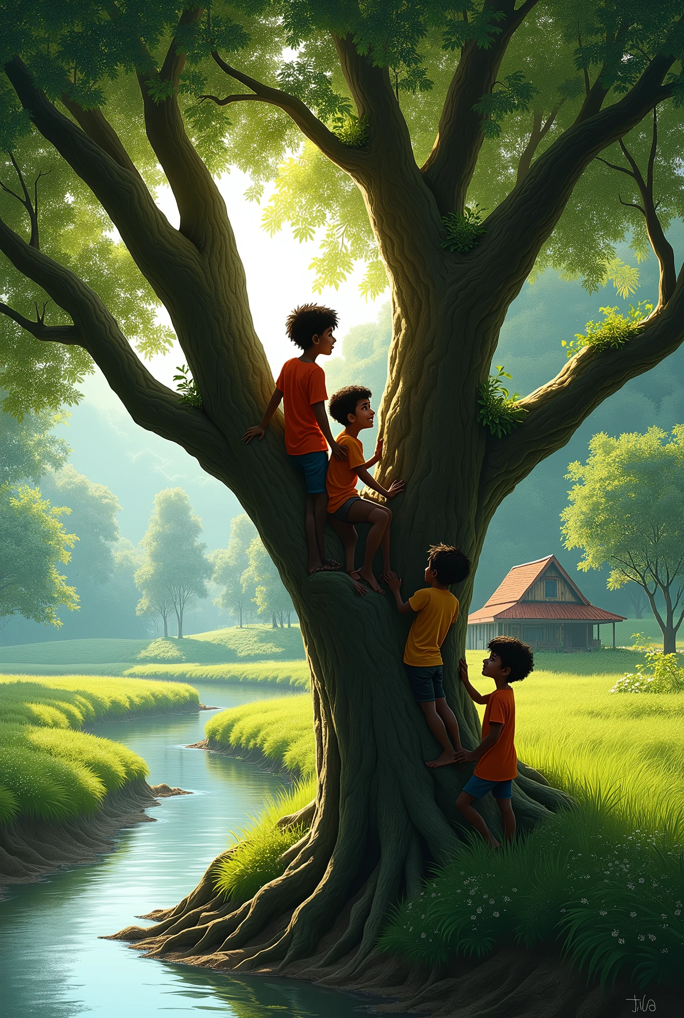 Years ago in kerala 4 friends climbing and sitting on a tree near a small river side, around full of trees and oposite side of river only one house can see in between the trees and we can see only the back side of the childrenn