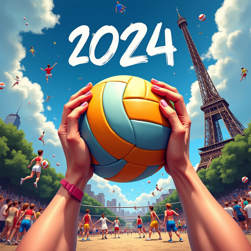 Close-up of Hands, hands of (Volleyball) Athlete, exaggerate caricature poster, in the olympics, Eiffel tower in the background, the words "Paris 2024", joyful chaos, a modern take on classic mythology, vibrant illustration, (best quality, masterpiece, photorealistic), very aesthetic, perfect composition, intricate details, ultra-detailed, vivid colors