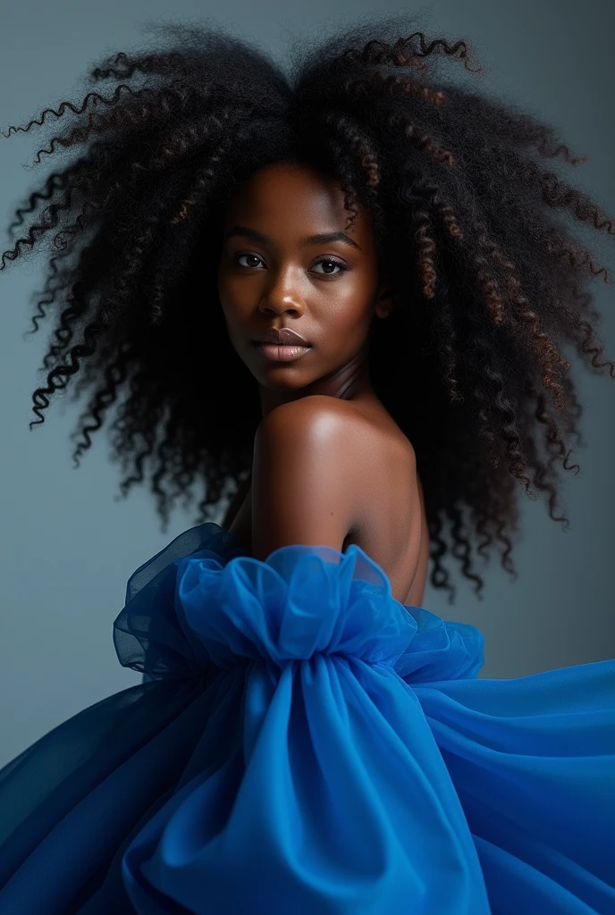 book cover: young, beautiful, perfect, black woman, afro hair, long hair, elegant blue dress, rich, high quality, 4k, realistic, detailed, photography, black background, angelic face, white simple background.
