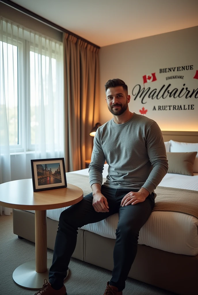 Homme caucasien grand de taille, charmant, légèrement costaud, habillé en pantalon et tee-shirt manche longue, assis ou adossé sur une table dans une grande chambre d'hôtel et sur le lit de l'hôtel qu'il soit déposer un cadre photo grand ou moyen qu'il est possible de faire arrêter sur le lit et faire face à la caméra et sur le mur du chevet du lit un tableau sur lequel il est écrit en français : Bienvenue à Melbourne E AUSTRALIE et autour de la phrase qu'il y ait les emblèmes du Canada Québec ou le drapeau du Canada Québec
