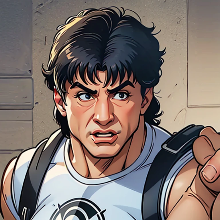 "Draw Sylvester Stallone in an iconic pose, like raising the fists after a fight. Capture a determined and confident expression on his face. Use a drawing style [ cartoon] with a touch of humor."