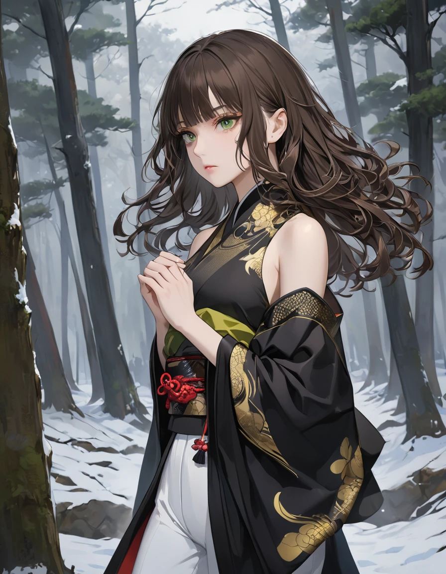 8k, best quality, masterpiece, highly detailed, semi realistic, a girl, a girl, 20 years old, looking at hands, long dark brown hair with bangs, curly hair, green eyes, black Japanese style cut clothes, white pants, bare shoulders, golden details, thin figure, cold expression, battle scenes, outdoors, forest background, with many trees and dark sky