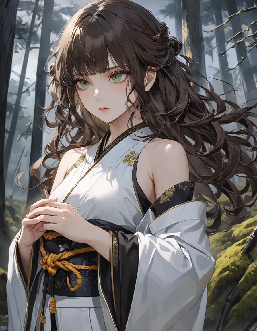 8k, best quality, masterpiece, highly detailed, semi realistic, a girl, a girl, 20 years old, looking at hands, long dark brown hair with bangs, curly hair, green eyes, black Japanese style cut clothes, white pants, bare shoulders, golden details, thin figure, cold expression, battle scenes, outdoors, forest background, with many trees and dark sky
