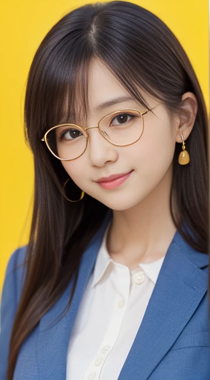 Close-up portrait、ID photo、Look at me、Gray business suit、 Round glasses with a golden frame、Serious atmosphere、Japanese women、alone、Ultra-realistic、Soft Light、High resolution, Very detailed, Highest quality, masterpiece, (((A simple blue background:1.4))), (Look at me),Smiling at the camera、Women&#39;s Suits、Portrait facing the front、Golden Ratio,Taking a picture from the chest up、Look forward、A kind smile、Serious and gentle impression, Wearing a suit、office lady、Professional Lighting,Algorithm ratio, Complex, Complex詳細, Sharp focus,Professional photography,Passport Photo、Resume photo、new employee