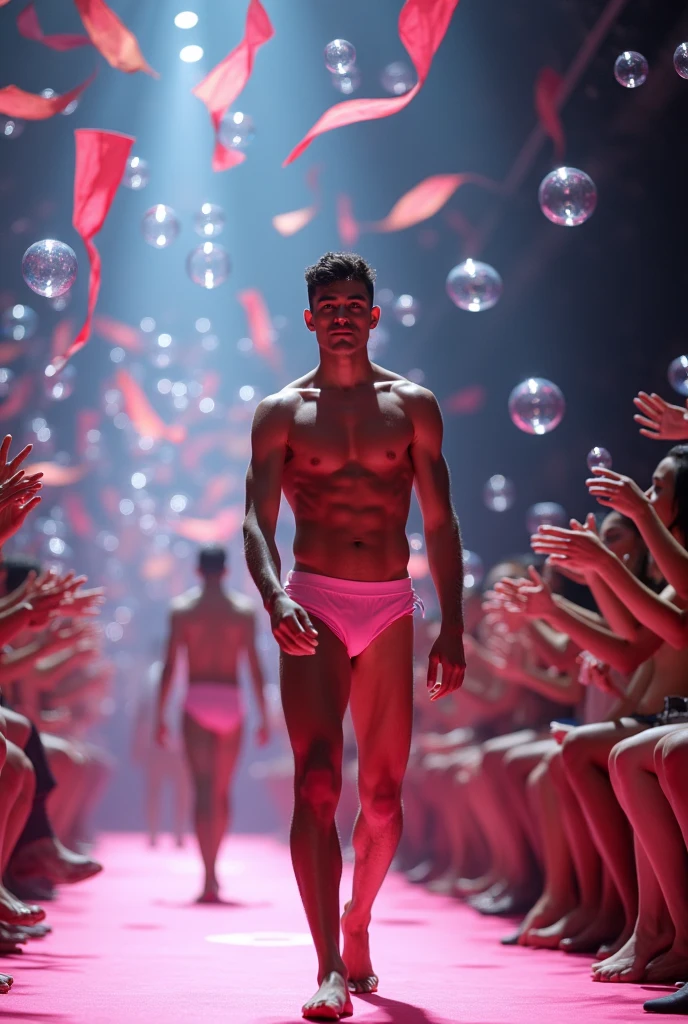 Young cute and handsome beautiful face skinny white beautiful skin color soft white shirtless in pink swimsuit short black hair on a men's catwalk the public applauds him and celebrates with bubble tall white man sincerity