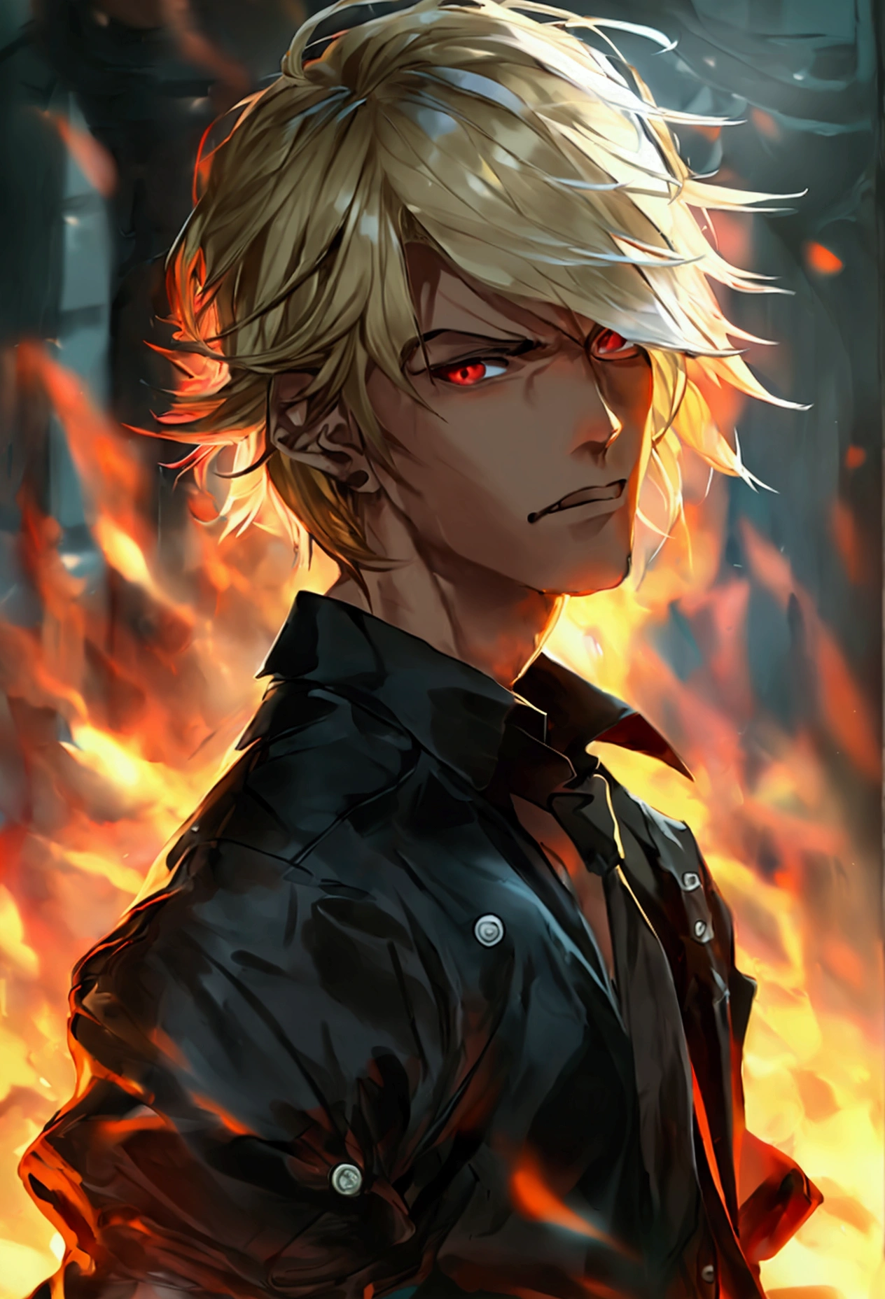 Tall, male, blond hair, red eyes, dark brown skin, wearing black dress shirt with sleeves rolled up, muscular, veins, pissed, black pants, close up