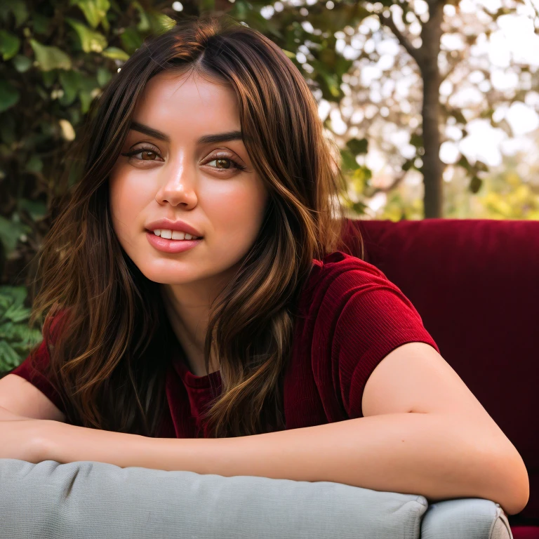 face closeup photo of anamr smiling, sitting in sofa (sofa:1.2), detailed skin, 8k uhd, dslr, soft lighting, high quality, film grain, long hair, 4K, HDR, outdoors, sunny, portrait photo, seductive gaze, seductive position