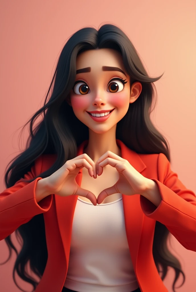 A fair-skinned woman with long black hair is sitting and making a heart shape with her hands, smiling broadly at the camera. She is wearing a vibrant red blazer over a white blouse. pixar