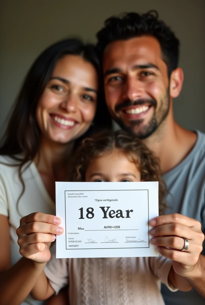 A Brazilian family, com pai, mother and an 18 year old person, holding a paper written exactly "Age verification Tiktok 19/06/2008 AVN4FC" with lower quality to look more realistic. extremely lifelike