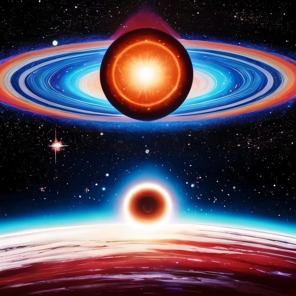 a painting of a red disk with a star in the middle, quasar, black hole time portal, neutron star, worm hole, supernova explosion, majestic interstellar portal, vast cosmos, supernova, galactic entity, coming out of a black hole, is being drawn into a blackhole, cosmic cataclysm, exploding galaxy, interstellar infinity portal