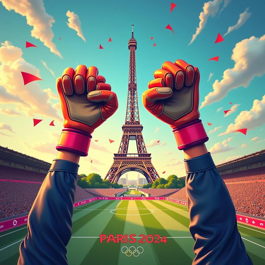 Close-up of Hands, hands of (soccer goalkeeper) Athlete with gloves, exaggerate caricature poster, in the olympics, Eiffel tower in the background, the words "Paris 2024", joyful chaos, a modern take on classic mythology, vibrant illustration, (best quality, masterpiece, photorealistic), very aesthetic, perfect composition, intricate details, ultra-detailed, vivid colors