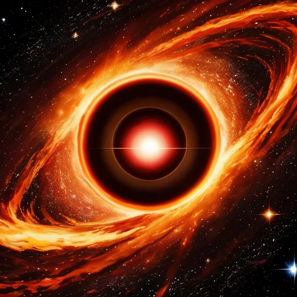 a painting of a red disk with a star in the middle, quasar, black hole time portal, neutron star, worm hole, supernova explosion, majestic interstellar portal, vast cosmos, supernova, galactic entity, coming out of a black hole, is being drawn into a blackhole, cosmic cataclysm, exploding galaxy, interstellar infinity portal