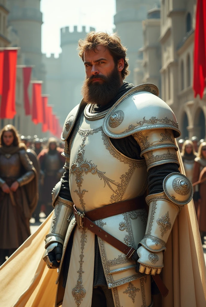 Ser Gerold Hightower, also known as 'The White Bull', He is depicted as a strong man, around 35 years old, corpulent and strong, with a full beard and light brown hair. Your eyes are green, and he is clad in the gleaming white armor and cloak of the Royal Guard, with an intricate design that reflects his status as a noble and elite warrior.