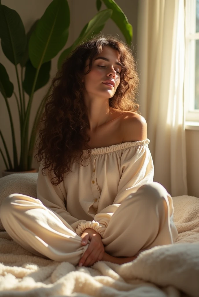 (photorealism:1.2), beautiful woman, sitting on bed, wearing loose off-shoulder top, pajama pants, long curly hair, indoors, soft lighting, plants in background, window with sunlight, cozy room, relaxed pose, realistic, intricate details, warm colors, by Greg Rutkowski, by Alphonse Mucha