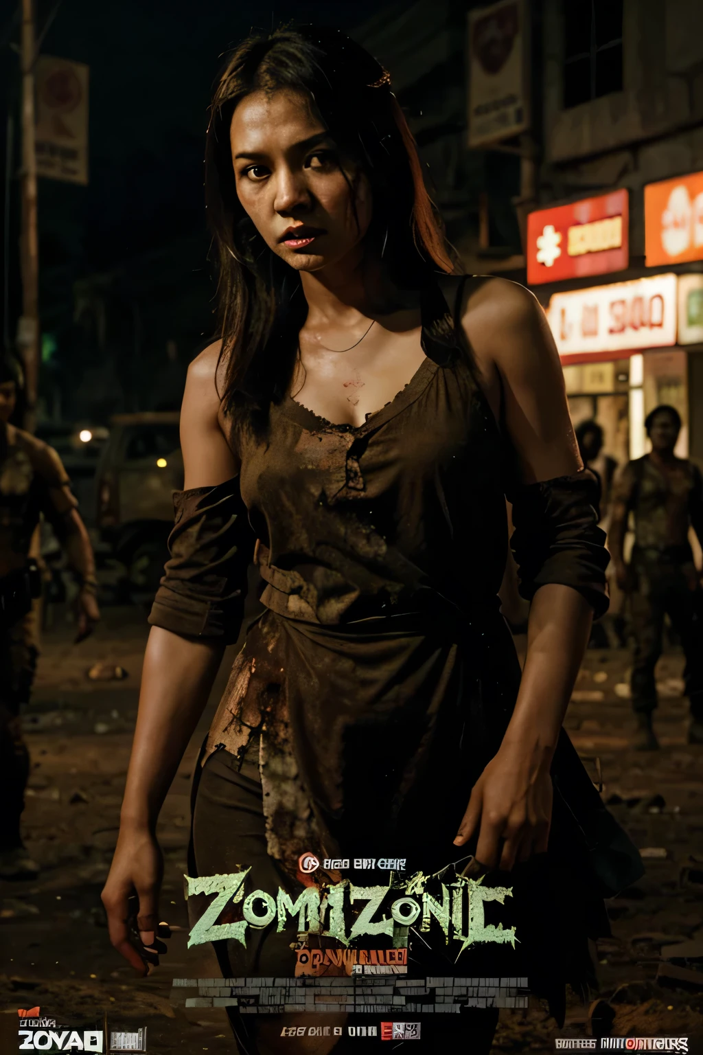 Zombie land in Thailand have main character is a young women with Thai dress in foreground , middle ground is zombies and the background is Disaster and have film lighting on poster movie