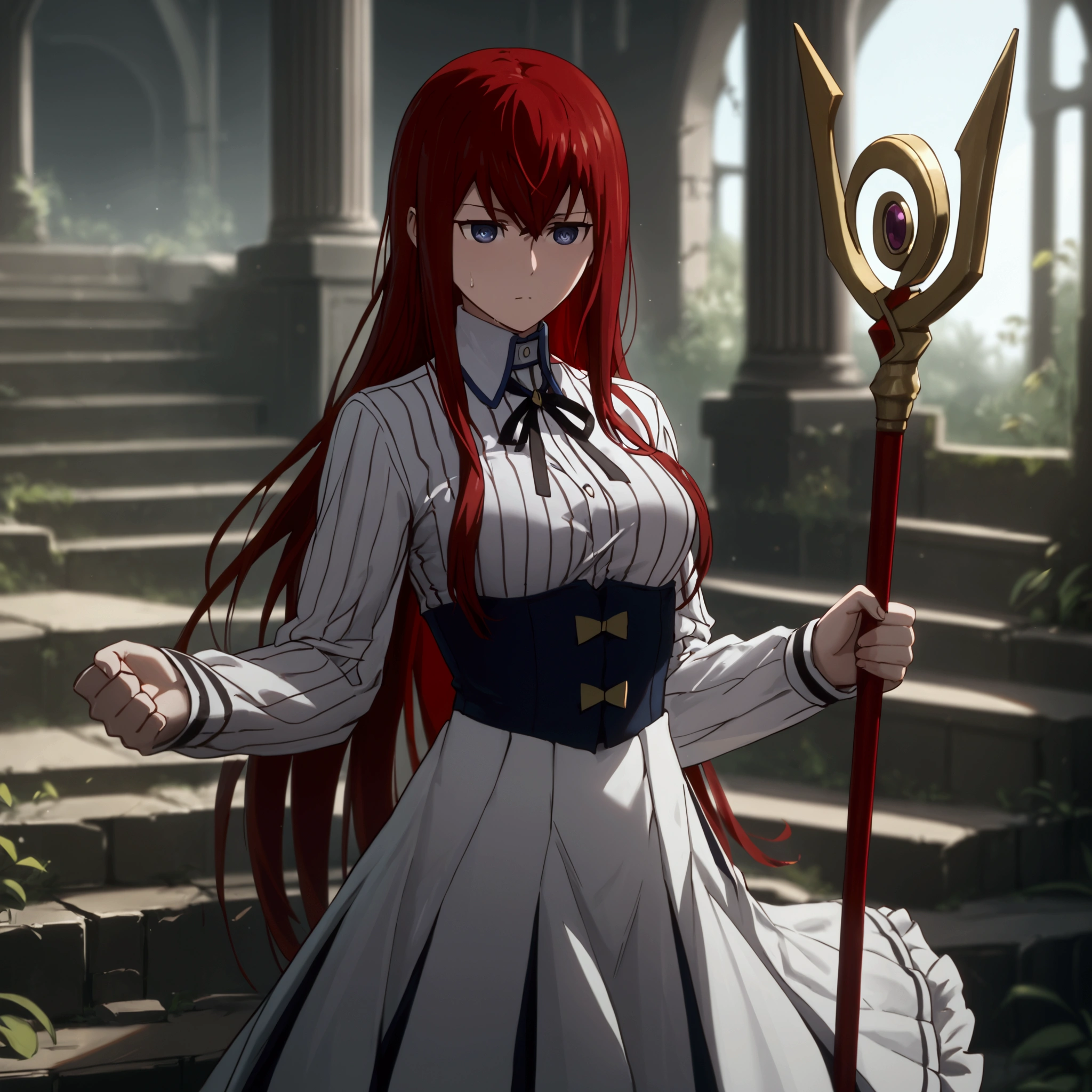 score_9, score_8_up, score_7_up, score_6_up, makise kurisu, long hair, red hair, dark-blue eyes, black pupils, BREAK detailed eyes, perfect face, anatomically correct, detailed skin texture, (blush:0.5), (goosebumps:0.5), subsurface scattering, cinematic, Sharp focus, humorous illustration, big depth of field, Masterpiece, concept art, trending on artstation, Vivid colors, Simplified style, trending on ArtStation, trending on CGSociety, Intricate, Vibrant colors, Soft Shading, Simplistic Features, Sharp Angles, Playful, excessive sweating, sweating profusely, sweating drop BREAK, 1girl, staff, holding staff, ruins, solo, standing, breasts, collared shirt, long sleeves, black ribbon, neck ribbon, vertical-striped shirt, black corset, dark red skirt, pleated skirt, frilled skirt, clenched hands, 