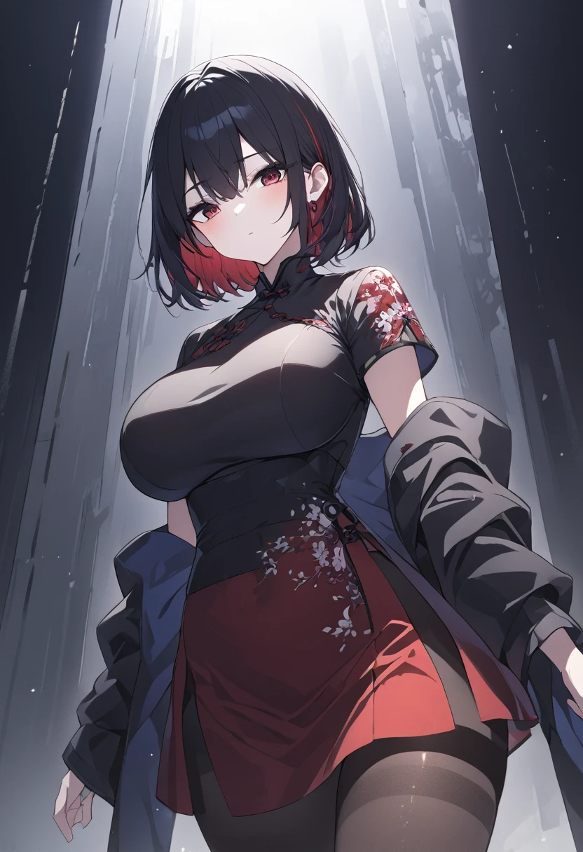 Black hair with short length and red highlights、Big Breasts、Dark atmosphere