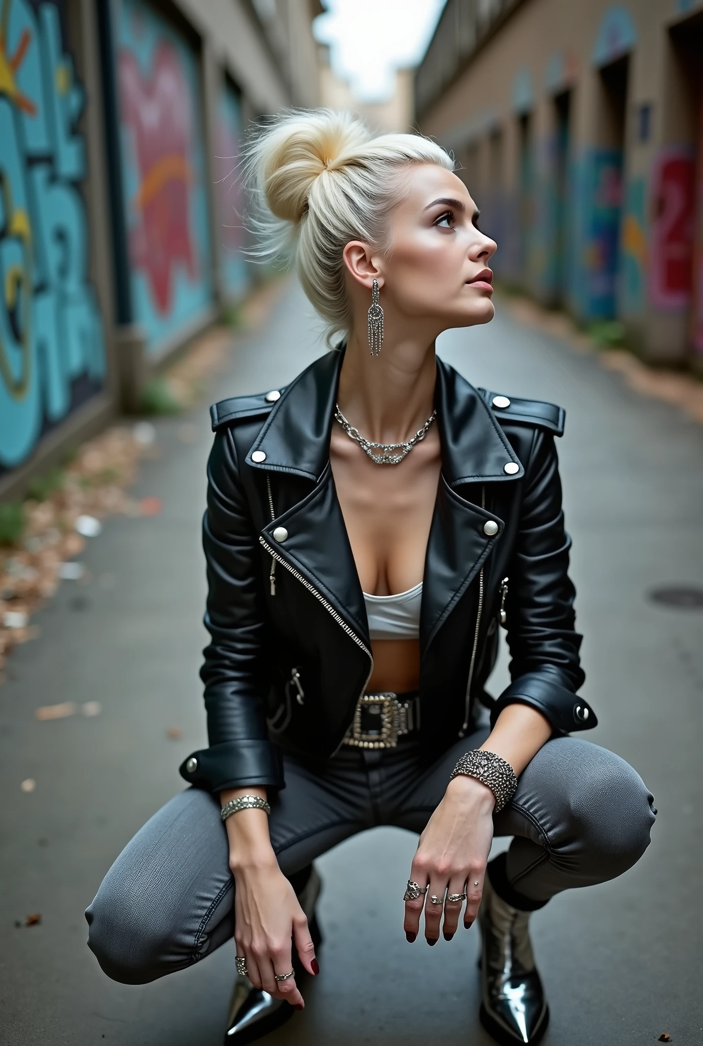 russian old milf woman, platinum blonde hair (huge top bun), with very light blue eyes, extremely pale. Wearing cropped black moto jacket, silver latex brav, dark grey skinny jeans and silver pointy Chelsea boots with cuban heels . Lots of metallic wide bracelets and collars. Tacky leather belt with oversized buckle. Wide loop earrings. Kneeling looking up, eyes and mouth wide open in amazement. Hands on her knees. Chin up, Listening in amazement to somebody speaking to her, toned six pack abdominals, thin legs and thin arms