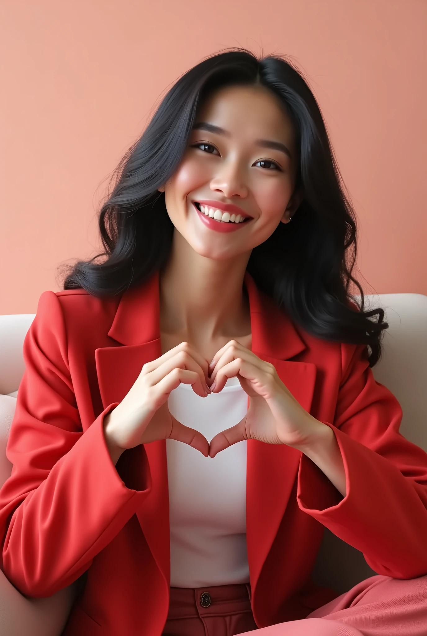 A fair-skinned woman with long black hair is sitting and making a heart shape with her hands, smiling broadly at the camera. She is wearing a vibrant red blazer over a white blouse. pixar