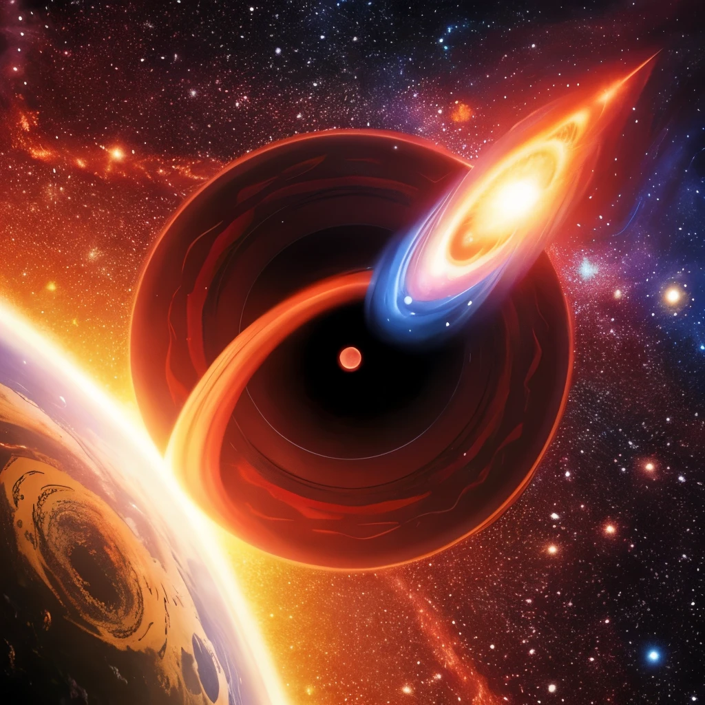 a painting of a red disk with a star in the middle, concept art by Julian Fałat, tumblr, space art, quasar, black hole time portal, neutron star, worm hole, supernova explosion, majestic interstellar portal, vast cosmos, supernova, galactic entity, coming out of a black hole, is being drawn into a blackhole, cosmic cataclysm