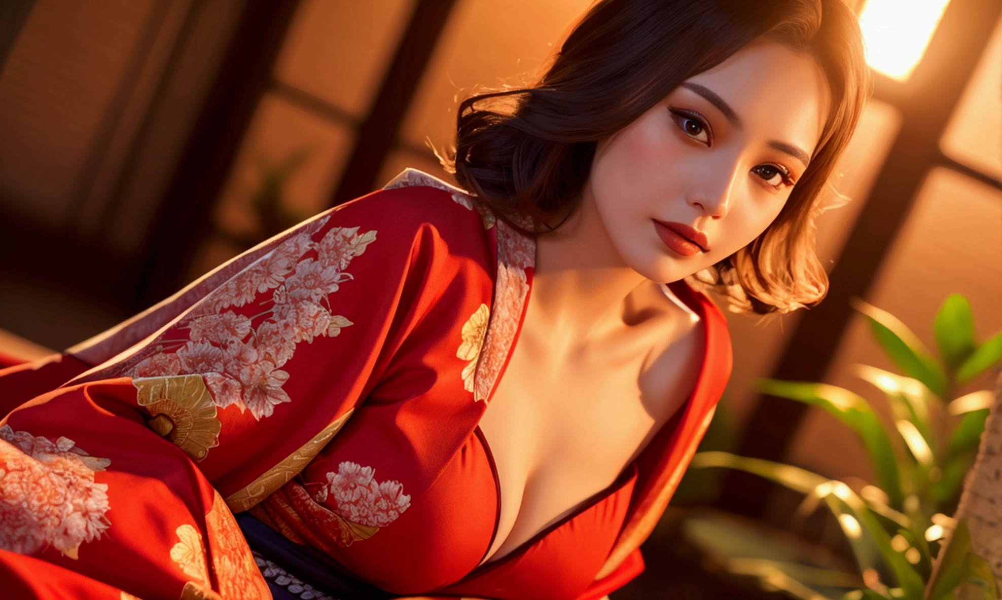beautiful detailed woman in red kimono with open shoulders and legs, detailed face, beautiful breasts, sunset, highly detailed, 8k, photorealistic, dramatic lighting, elegant, cinematic, detailed hair, detailed fabric of kimono, beautiful scenery, vibrant colors, intricate patterns on kimono, depth of field, realistic skin tones