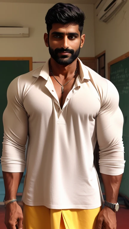 Two indian person (handsome hunk teacher, young boy) in one photo in school. 18 years old young clean shaved boy in school uniform. 30 years old handsome beared hunk teacher in formal suit masculine strong bodybuilder boy with huge wide muscular shoulders, wide chest, abs, masculine wide triceps, arms, biceps, big masculine legs, wide thighs, calfs, black-haired, hair falls on your face