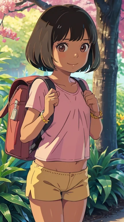 (1girl, solo, highly insanely detailed, masterpiece, top quality, best quality, highres, 4k, 8k, RAW photo),((innocent look)),((Childish)),From the front, symmetrical composition,smile,cute,Innocent,Kind eyes,Flat chest,Hairless vagina, Cameltoe,kotonoha no niwa, The Garden of Words, forest, solo, dora,  brown eyes, flower, dark-skinned female, (tan), bob cut, pink shirt, shorts, bracelet, backpack,