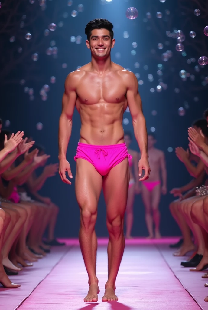 Handsome young man with a beautiful, thin, white, and handsome face. Soft white skin, shirtless, wearing pink swimwear, short black hair on a male runway. The audience applauds and celebrates with bubbles. Tall, thin, white man with no shirt.