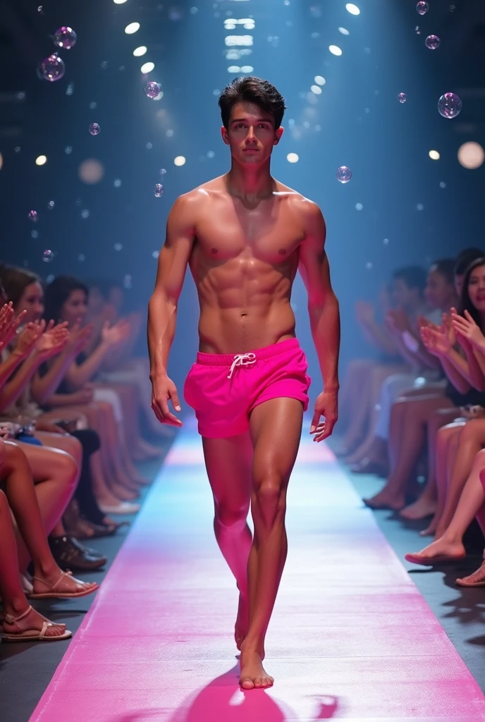 Handsome young man with a beautiful, thin, white, and handsome face. Soft white skin, shirtless, wearing pink swimwear, short black hair on a male runway. The audience applauds and celebrates with bubbles. Tall, thin, white man with no shirt.