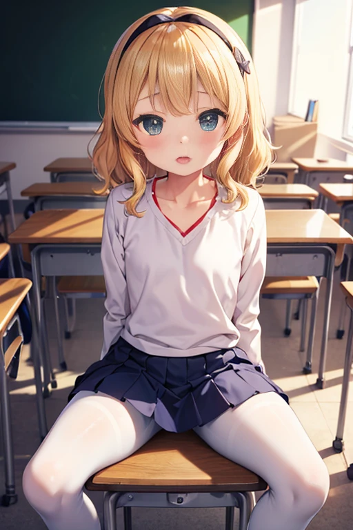 Highest quality,Highest quality,One Girl,One boy,(((()))),Flat Chest,orgasm,blush, Sweat, Sakurai Momoka,blonde,White Sarah Outfit,Navy Blue Skirt, It is not a pleated skirt,whole body,classroom, White Pantyhose、Navy Blue Skirtをめくる、Spread your legs