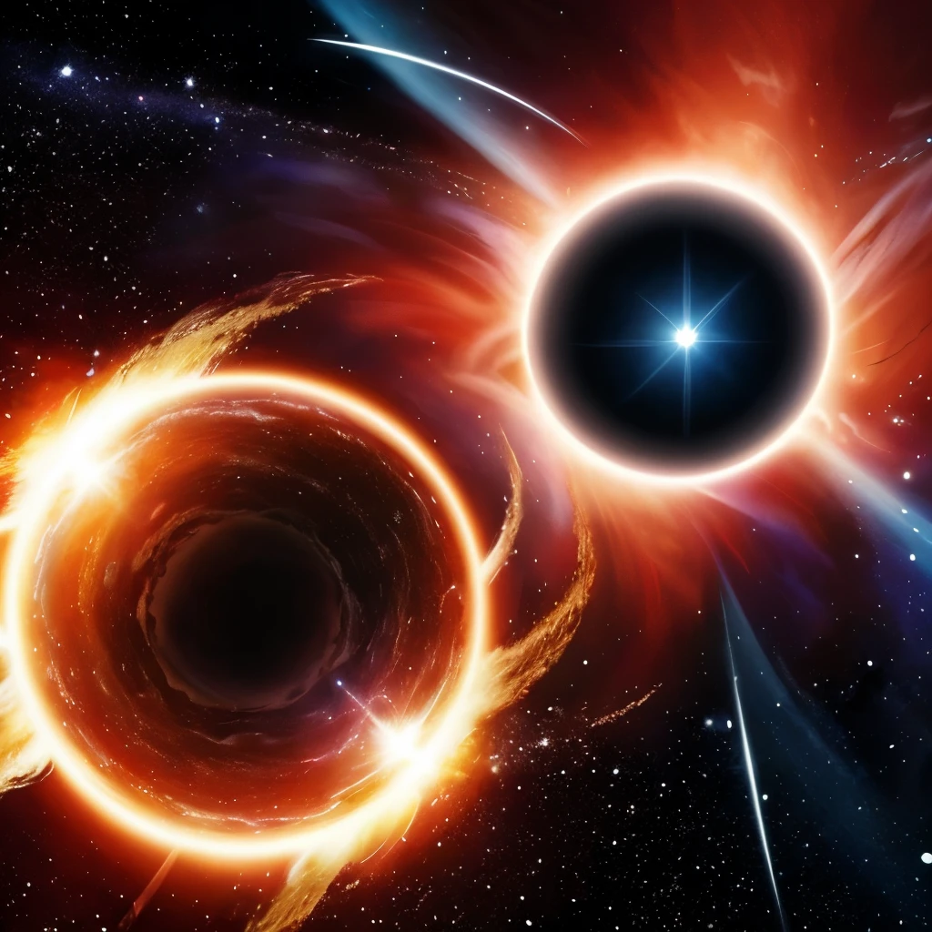 a painting of a red disk with a star in the middle, concept art by Julian Fałat, tumblr, space art, quasar, black hole time portal, neutron star, worm hole, supernova explosion, majestic interstellar portal, vast cosmos, supernova, galactic entity, coming out of a black hole, is being drawn into a blackhole, cosmic cataclysm
