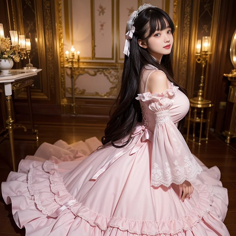 Side view,side angle, Bow tie at the back of the waist, There is a bow on the back,Sideways photo, Skirt length to calf, cupcake dress, Layered skirt with lace on each layer, Put on a lolita dress, layered dress, Pink Lolita dress, lots of lace, Long sleeve, Wide sleeves, Big Skirt, Layered lace skirt, Lace skirt,Puff sleeves, Wide sleeves, Transparent sleeves, intricate details showcase the ruffles and intricate designs of the Lolita dress, Wearing a lolita dress, best quality, Delicate face,beautiful visual work, lifelike, eternity, black hair, Long curly hair, blunt bangs, Smile, Detailed Background, Delicate face,blush,cold,((masterpiece))、(top quality)、8k、high detail、Super detailed,41 years old,woman, masterpiece、born、Scenes resembling fairy tale illustrations、intricate details和複雜的設計、Beautifully、magic、capricious、 Beautifully、Dream aesthetics、「𝓡𝓸𝓶𝓪𝓷𝓽𝓲𝓬、ethereal、charming、fickle、magic」、realism、Visual effects、FXAA、SSAO、Shader、voiceless、ambient lighting、Tone mapping、High resolution、Ultra high quality、Million pixels、(8K resolution:1.10)、8k、8k以下、8K resolution、high detail、intricate details, (high quality:1.2、masterpiece:1.2、:1.21)、(41 years old,woman:1.21)、(興奮地Smile)、(Surrounded by a dreamy atmosphere、Model diagram,full-body shot,Normal 2 feet,Put your hands behind your back,Breast protrusion visible when wearing clothes, Large Breasts, H cup chest, pink dress, Don't show your fingers, full-body shot, full-body shot,full-body shot,full-body shot,full-body shot,full-body shot,full-body shot,full-body shot,Hands hidden in clothes, Hands hidden in clothes,Hands hidden in clothes,Hands hidden in clothes,Hands hidden in clothes,Hands hidden in clothes,Hands hidden in clothes,Hands hidden in clothes,Hands hidden in clothes, ,Hide your hands in your sleeves ,Hide your hands in your sleeves ,Hide your hands in your sleeves ,Hide your hands in your sleeves ,Hide your hands in your sleeves ,Hide your hands in your sleeves ,Hide your hands in your sleeves ,Hide your hands in your sleeves,skirt length to calf, full body photo,full body view,side view