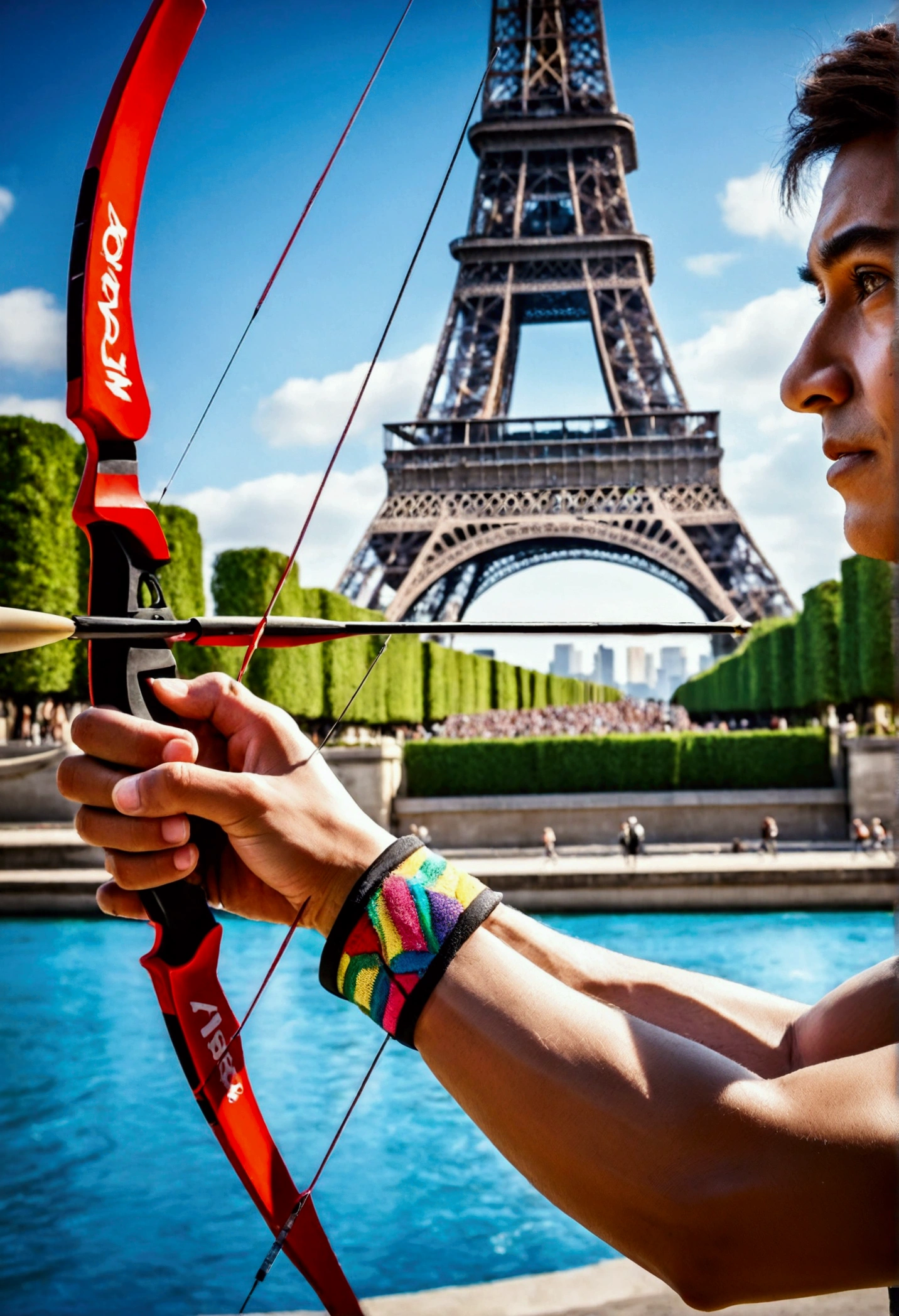 Ultra detailed illustration, ((oil painting a young man in Roberto Ferri style, fullcolor, Latino, slim toned fitness body, defined muscles, perfect anatomy, short black wavy hair, Roman nose, thin lips, square chin, diamond shaped face, barefoot, shirtless, wearing orange and green shorts, standing playing the violin) (watercolor background, you can see the paris tower, sena river, eleeses campos ) evokes masculine beauty and art.