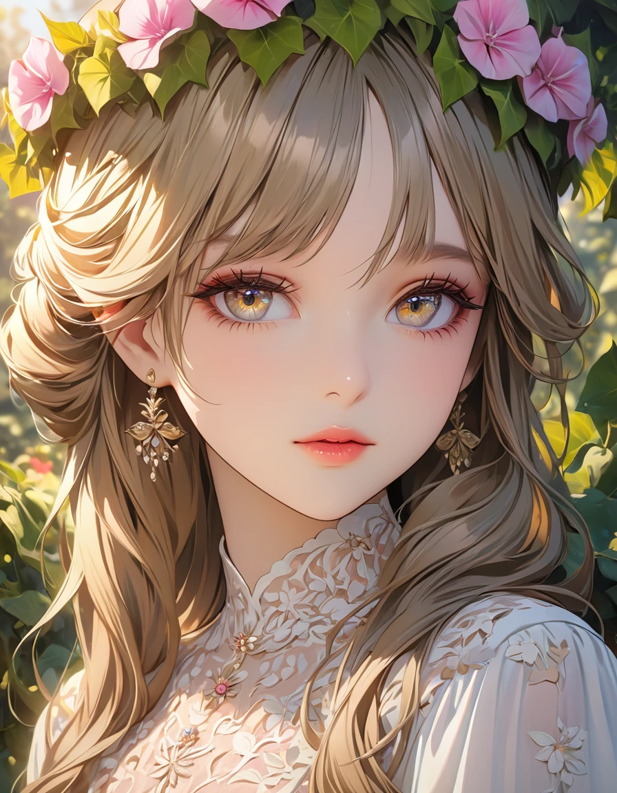 A girl in a garden, beautiful detailed eyes, beautiful detailed lips, extremely detailed eyes and face, long eyelashes, elegant girl, beautiful young woman, pretty female character, delicate features, serene expression, flower crown, floral dress, ivy vines, lush greenery, natural light, golden hour, vibrant colors, (best quality,4k,8k,highres,masterpiece:1.2),ultra-detailed,(realistic,photorealistic,photo-realistic:1.37),studio lighting,ultra-fine painting,sharp focus,physically-based rendering,extreme detail description,professional,vivid colors,bokeh,portrait