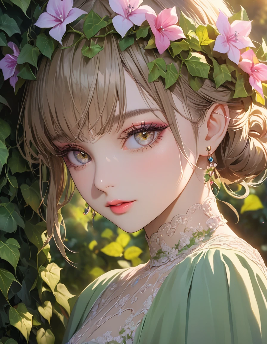 A girl in a garden, beautiful detailed eyes, beautiful detailed lips, extremely detailed eyes and face, long eyelashes, elegant girl, beautiful young woman, pretty female character, delicate features, serene expression, flower crown, floral dress, ivy vines, lush greenery, natural light, golden hour, vibrant colors, (best quality,4k,8k,highres,masterpiece:1.2),ultra-detailed,(realistic,photorealistic,photo-realistic:1.37),studio lighting,ultra-fine painting,sharp focus,physically-based rendering,extreme detail description,professional,vivid colors,bokeh,portrait