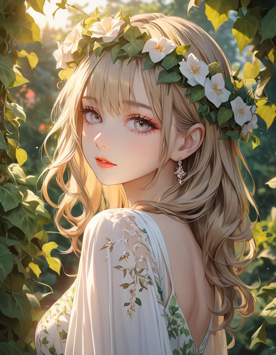 A girl in a garden, beautiful detailed eyes, beautiful detailed lips, extremely detailed eyes and face, long eyelashes, elegant girl, beautiful young woman, pretty female character, delicate features, serene expression, flower crown, floral dress, ivy vines, lush greenery, natural light, golden hour, vibrant colors, (best quality,4k,8k,highres,masterpiece:1.2),ultra-detailed,(realistic,photorealistic,photo-realistic:1.37),studio lighting,ultra-fine painting,sharp focus,physically-based rendering,extreme detail description,professional,vivid colors,bokeh,portrait