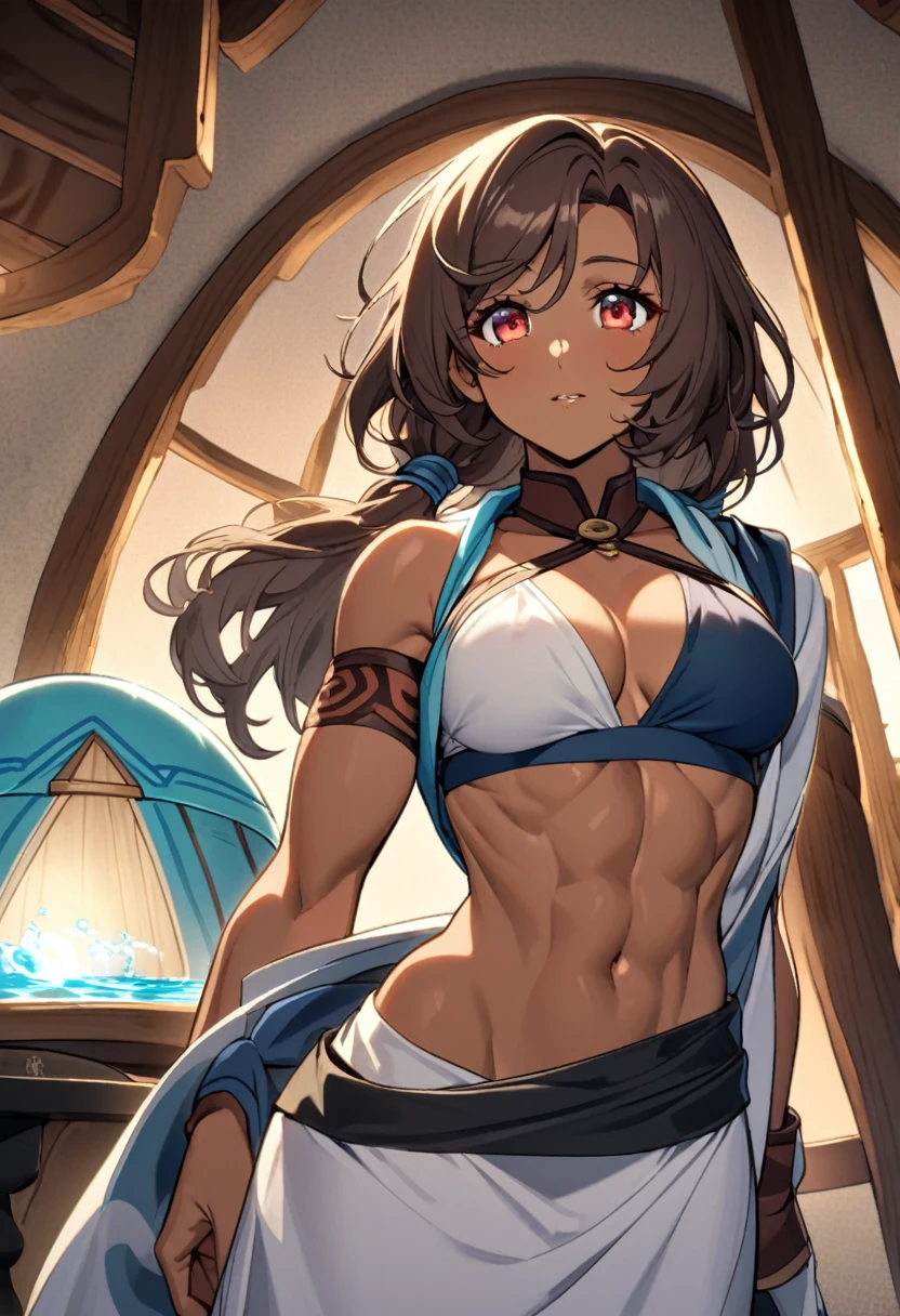 3062197697 Kanae Hyiori, a beautiful Water Tribe woman, has red eyes, long brown hair, and dark skin. She has a toned and strong body. In front of a luxurious igloo, she is wearing a standard Water Tribe coat, with a close-up capturing the harmonious beauty between her natural breasts, showcasing her natural charm and outgoing personality, nsfw.